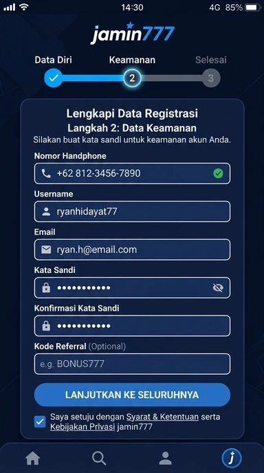 Tampilan halaman daftar jamin777